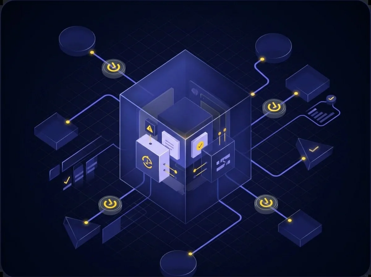 Isometric illustration of configuration management challenges in an IT environment with secure baselines and system inventories against a deep navy background.