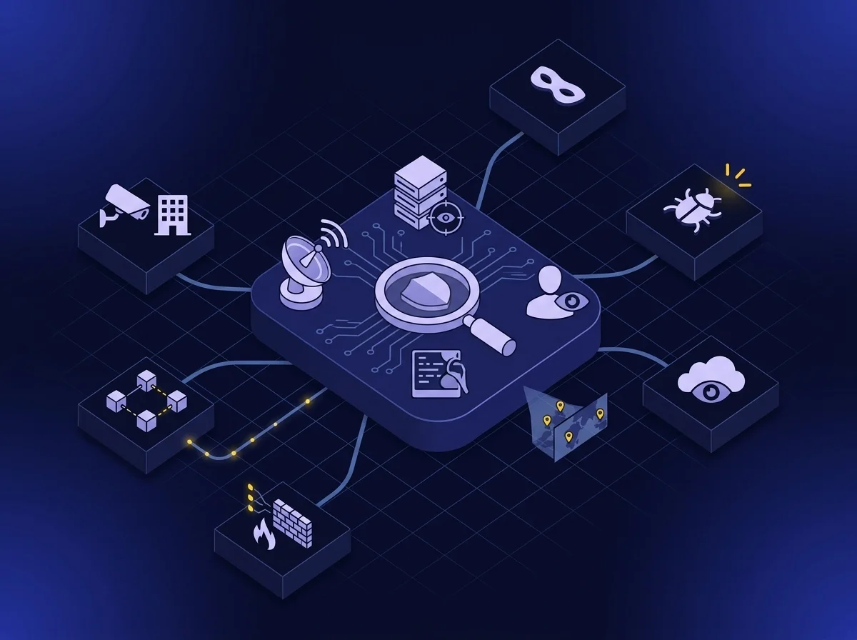 Detect Isometric UI illustration with a deep navy background, dark blue surfaces, and blue-violet highlights representing cybersecurity detection and continuous monitoring.