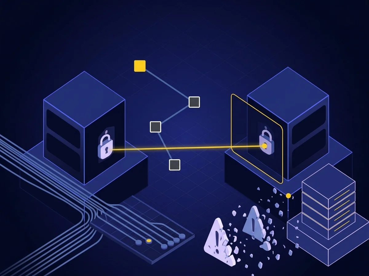 Isometric illustration on a deep navy background featuring dark blue surfaces, blue-violet highlights, soft lavender details, and yellow accents depicting real-time logging and compliance monitoring.