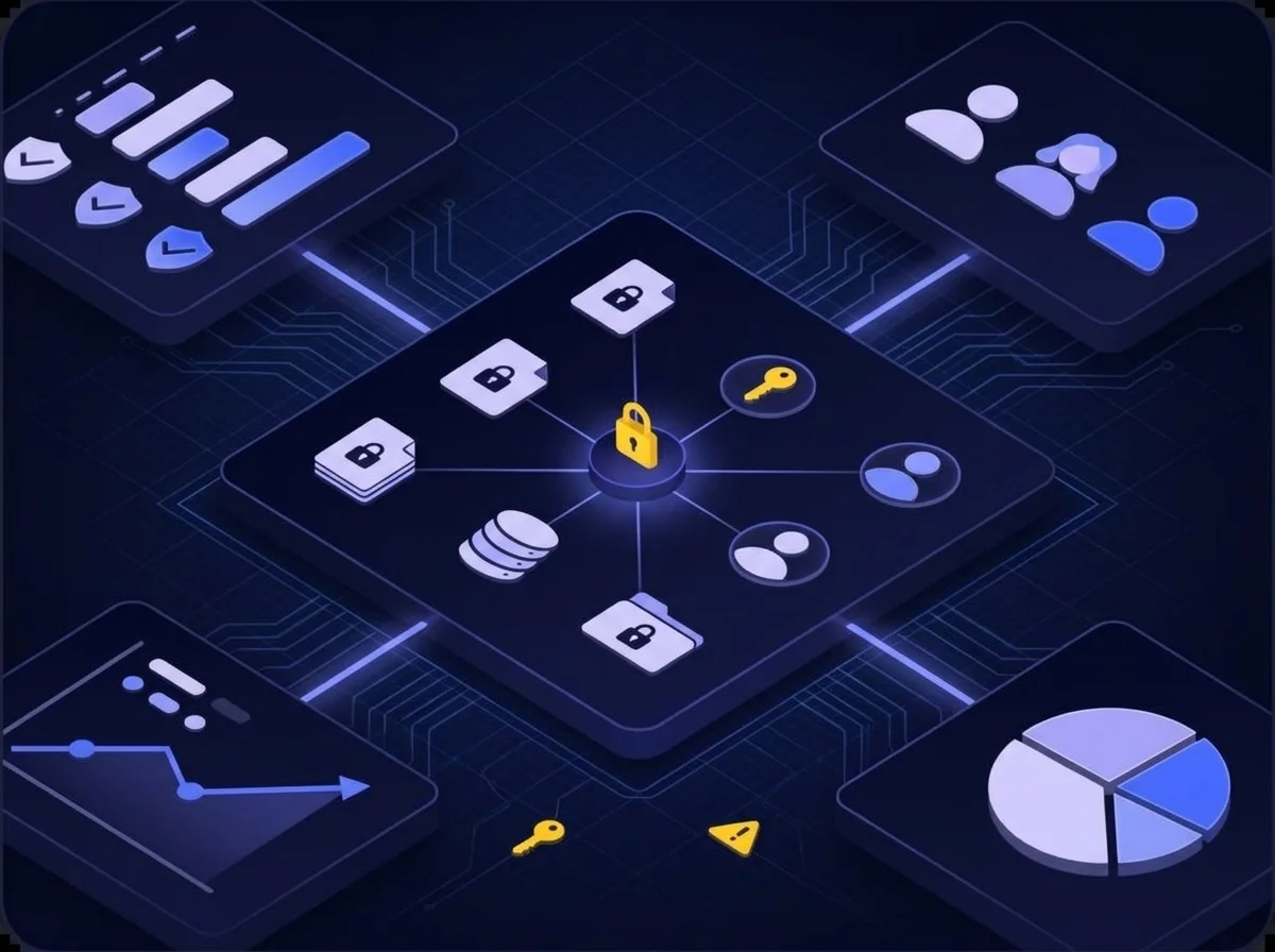 Isometric UI illustration depicting data access control with deep navy background, dark blue surfaces, blue-violet highlights, soft lavender details, and small yellow accents.