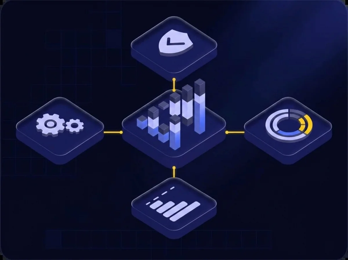 DAn isometric UI illustration with a deep navy background, dark blue surfaces, blue-violet highlights, soft lavender details, and yellow accents, depicting data catalog risk alignment and analytics for federal agencies.