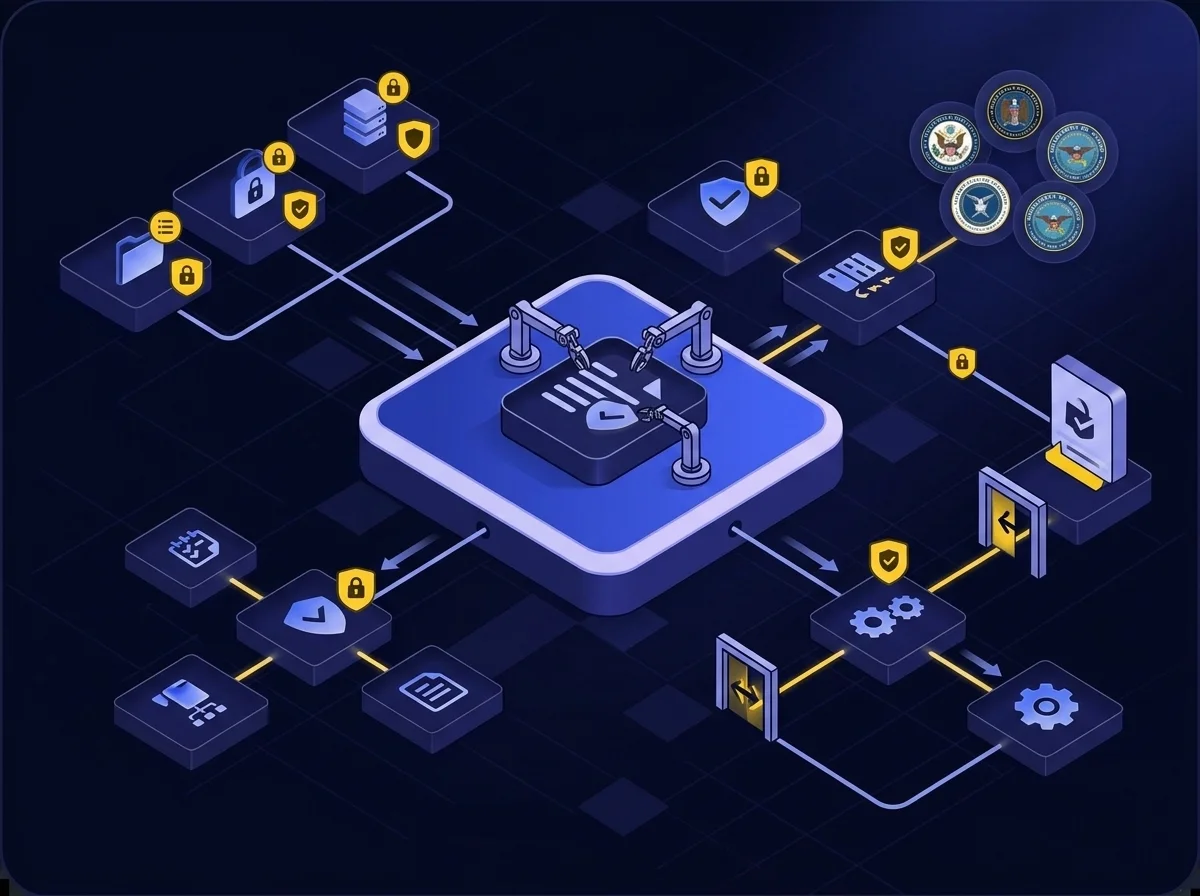 Isometric UI illustration depicting data labeling and tagging for secure government collaboration, featuring a dark navy background with blue and yellow accents. 