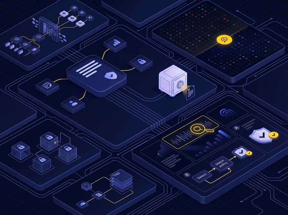 Isometric UI illustration depicting data loss prevention with dark blue surfaces, blue-violet highlights, lavender details, and yellow accents on a deep navy background.