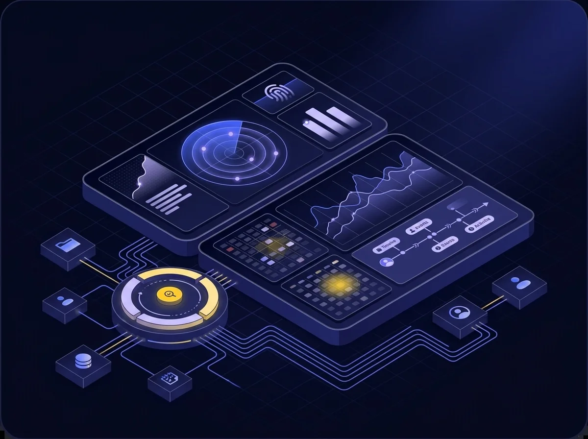 Isometric data monitoring and analytics interface with deep navy background, dark blue surfaces, and yellow accents.