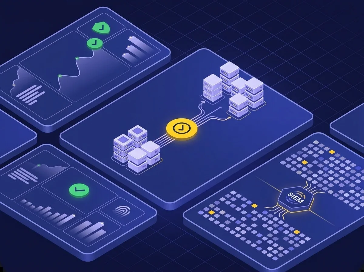 Respond to Threats With Incident Management Capabilities Isometric UI illustration of a disaster recovery system featuring a deep navy background, dark blue surfaces, blue-violet highlights, soft lavender details, and small yellow accents, representing cloud backup and replication nodes.