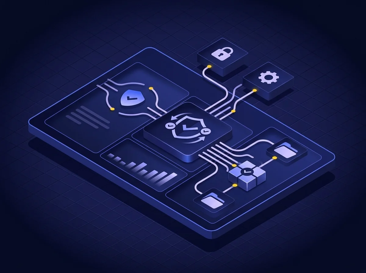 An isometric UI illustration with a deep navy background, dark blue surfaces, blue-violet highlights, soft lavender details, and yellow accents, depicting enterprise data governance and zero trust policy workflows without text.