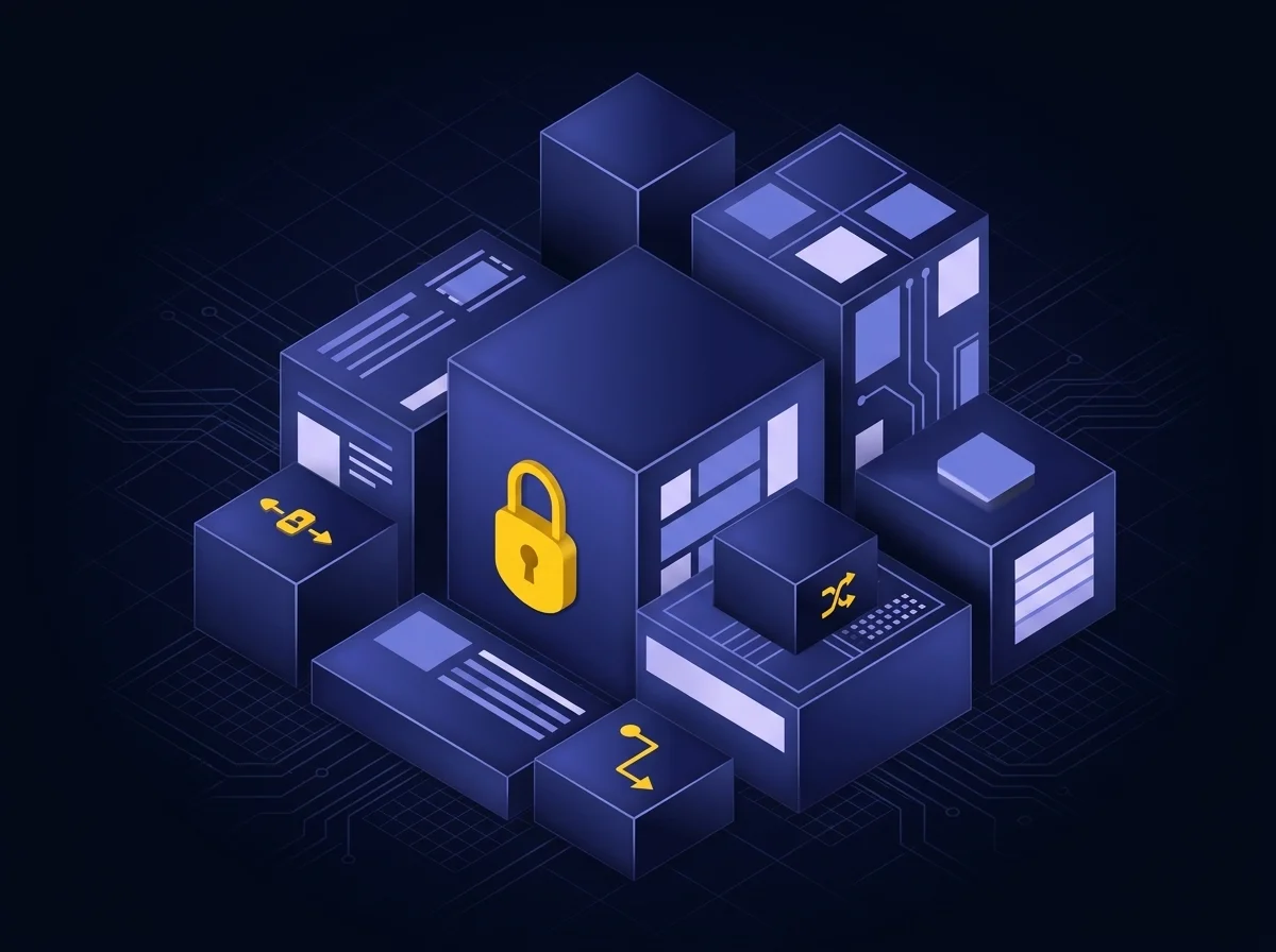 Isometric illustration of a hardened virtual appliance with deep navy background, dark blue surfaces, blue-violet highlights, lavender details, and yellow accents representing security and policy enforcement. 