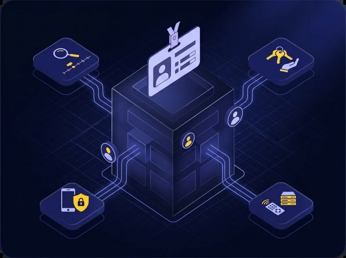 Isometric illustration of a secure account management platform featuring data compliance and access control elements on a deep navy background with blue and yellow accents.