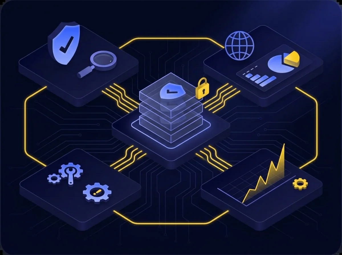 Isometric illustration of audit logs and SIEM integrations featuring deep navy surfaces, blue-violet highlights, lavender details, and yellow accents representing secure data tracking and compliance.
