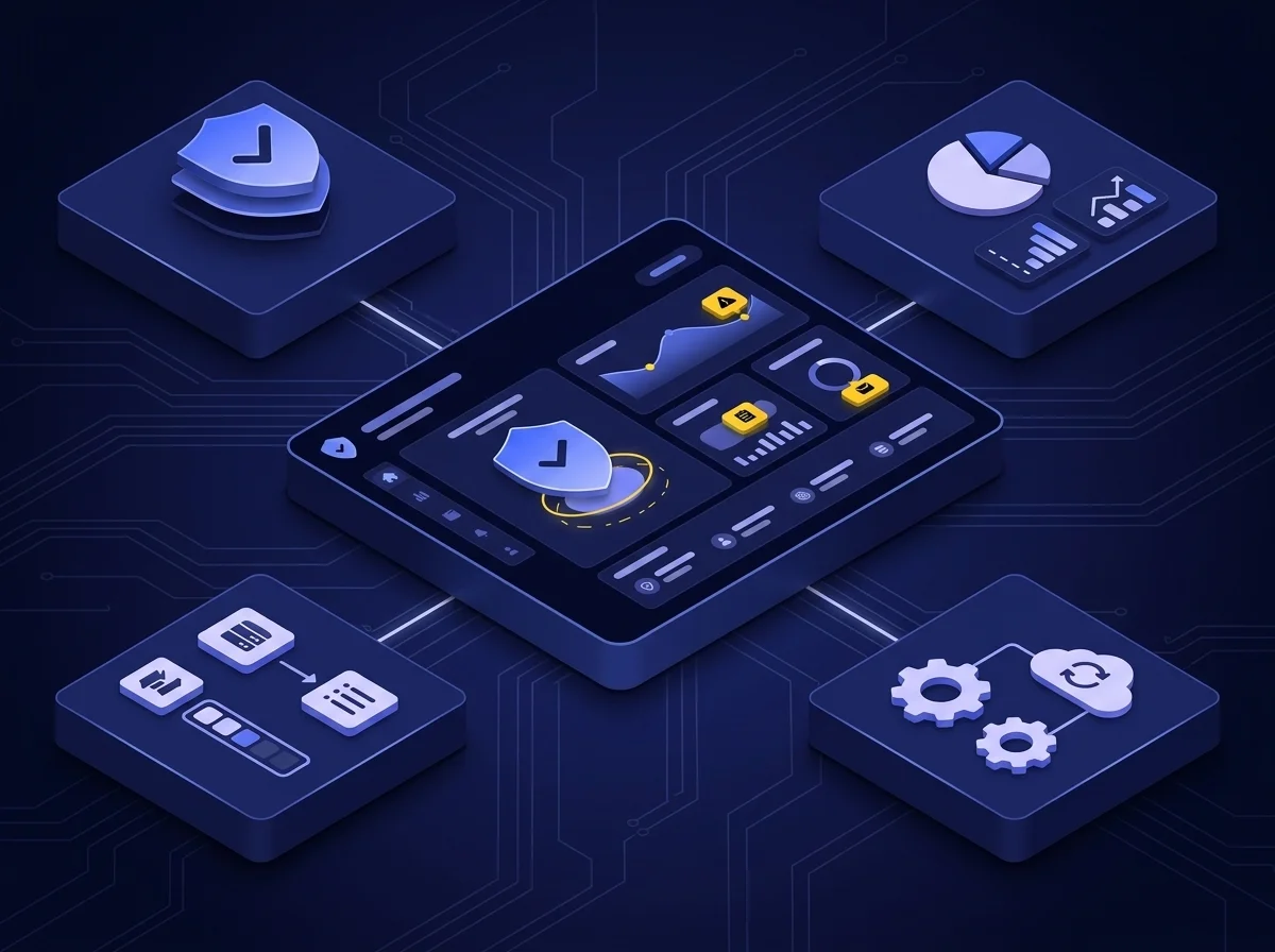 Isometric compliance and tracking illustration in deep navy, blue-violet, and soft lavender with yellow accents representing strict regulatory notification windows. 