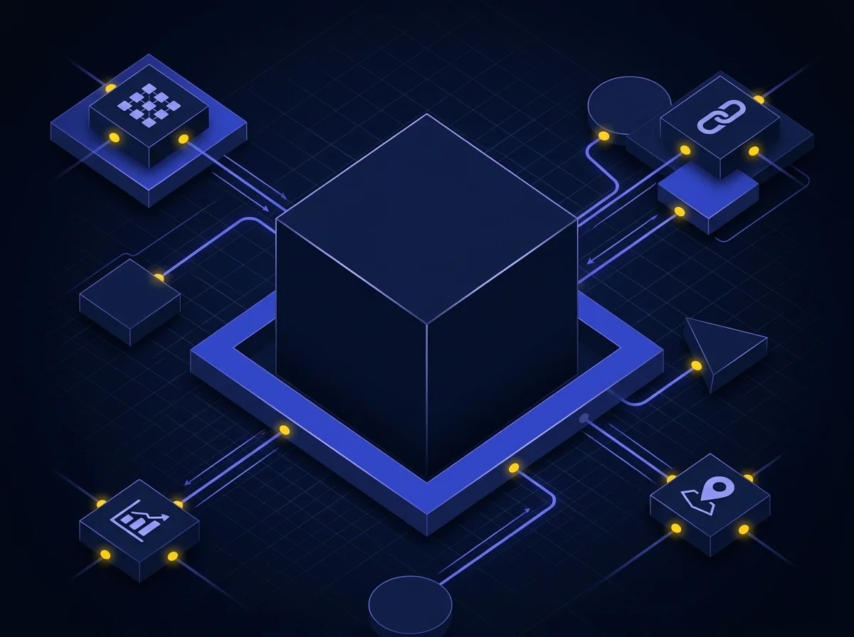 Isometric illustration on a deep navy background featuring dark blue surfaces, blue-violet highlights, soft lavender details, and yellow accents, depicting MFT server high availability, clustering, ABAC runtime policies, and vault-to-vault integrations for service provider governance. 
