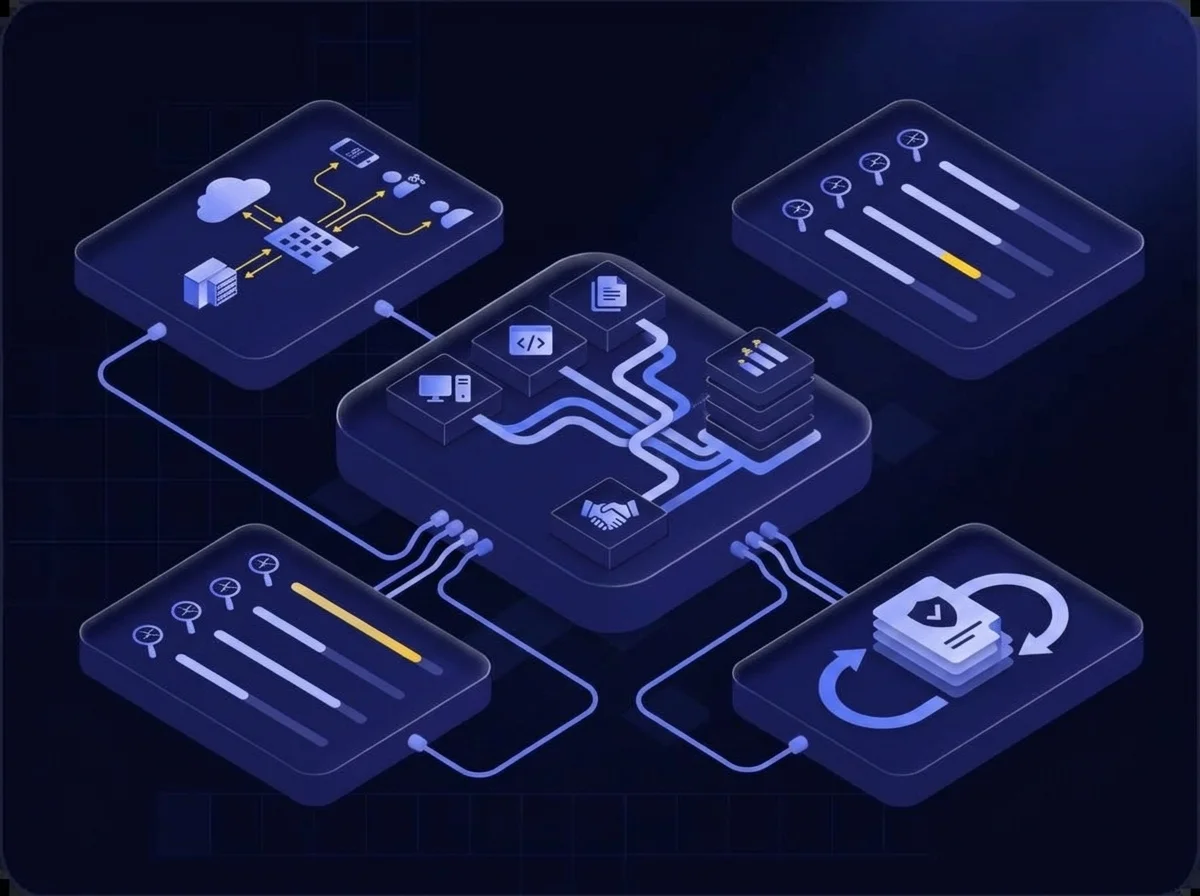 Identification icon An isometric UI illustration with a deep navy background, dark blue surfaces, blue-violet highlights, soft lavender details, and small yellow accents representing the cybersecurity identify function asset management.