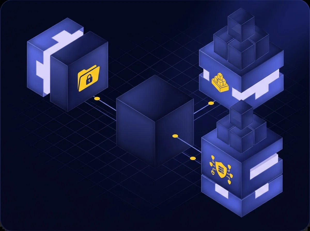 Isometric UI illustration of a secure cloud platform with a deep navy background, dark blue surfaces, blue-violet highlights, soft lavender details, and yellow accents representing government-grade security deployments.