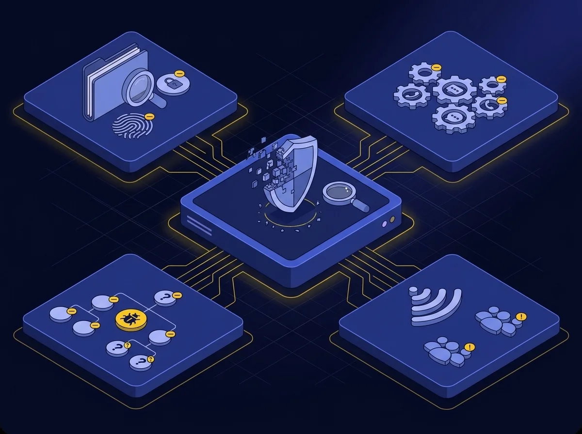 Respond Isometric UI illustration depicting cybersecurity incident response and compliance management with a deep navy background, dark blue surfaces, and yellow accents.