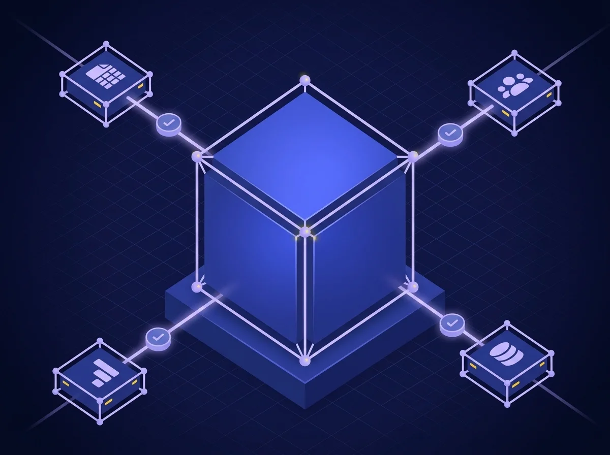 Isometric illustration on a deep navy background featuring dark blue surfaces, blue-violet highlights, soft lavender details, and yellow accents, representing operational risk management and service provider obligations. 