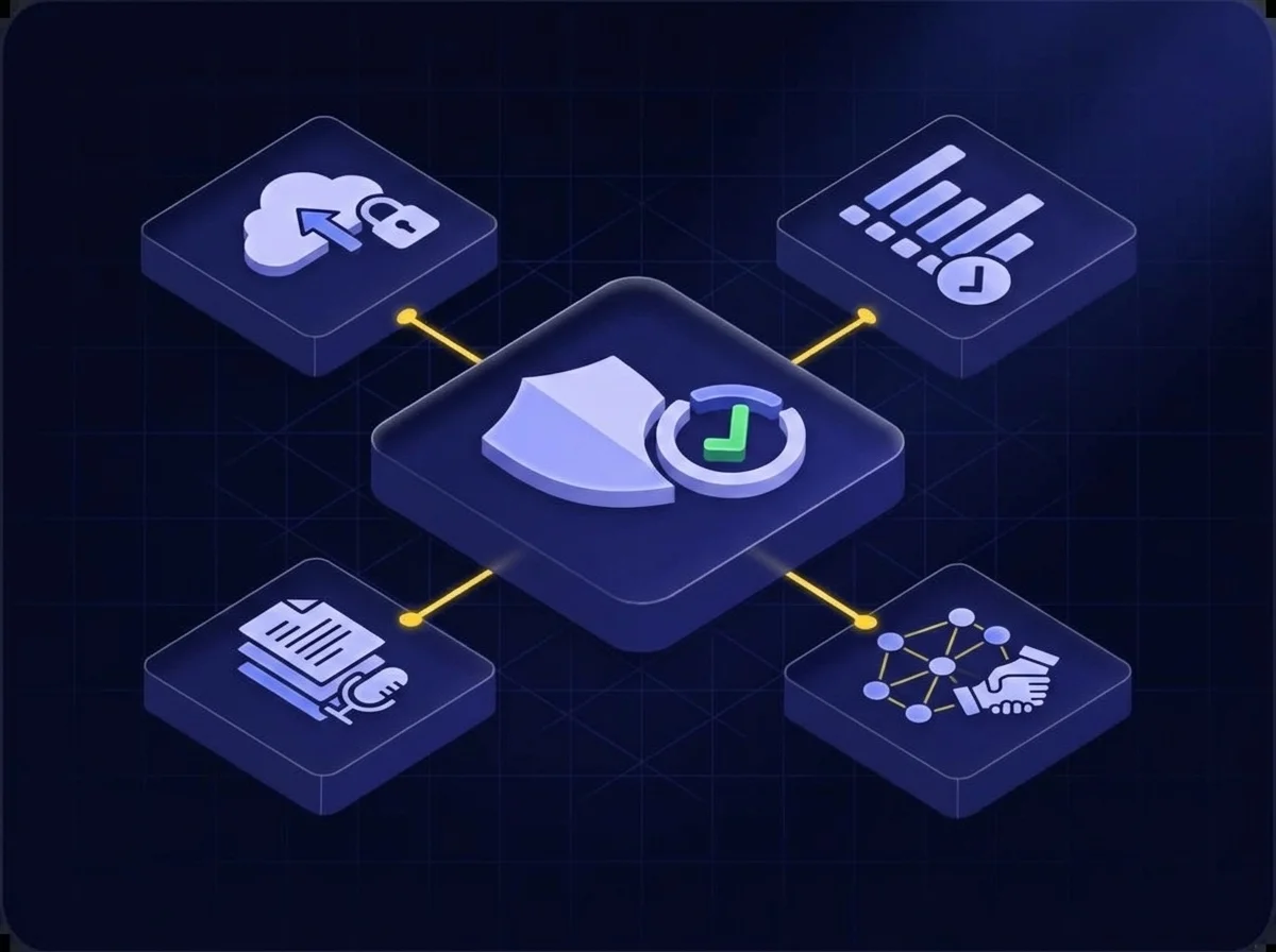 Recover Icon Isometric UI illustration with a deep navy background, dark blue surfaces, and yellow accents representing the cybersecurity recover function.