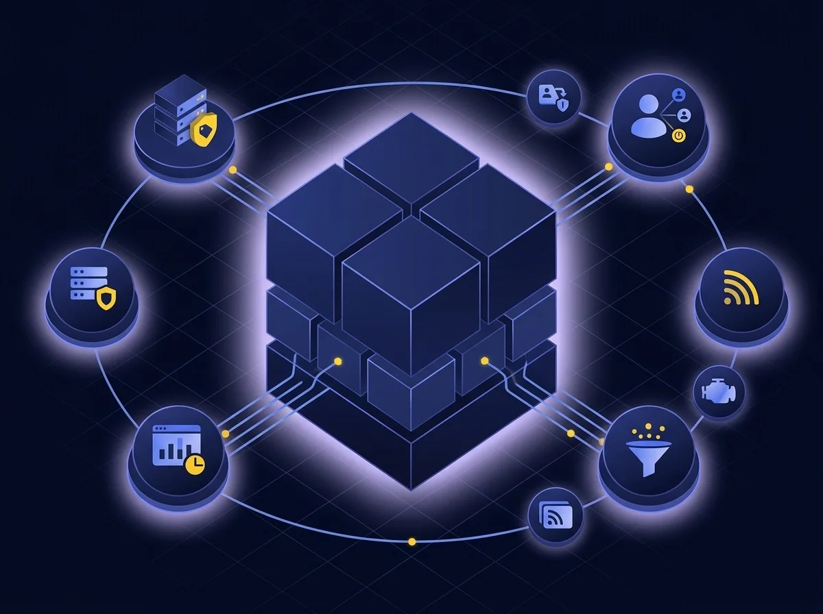 Hardened Virtual Appliance With Tiered Component Protection An isometric UI illustration showing a hardened virtual appliance with tiered component protection, featuring deep navy and dark blue surfaces with subtle blue-violet highlights, soft lavender details, and yellow accents on a dark background.