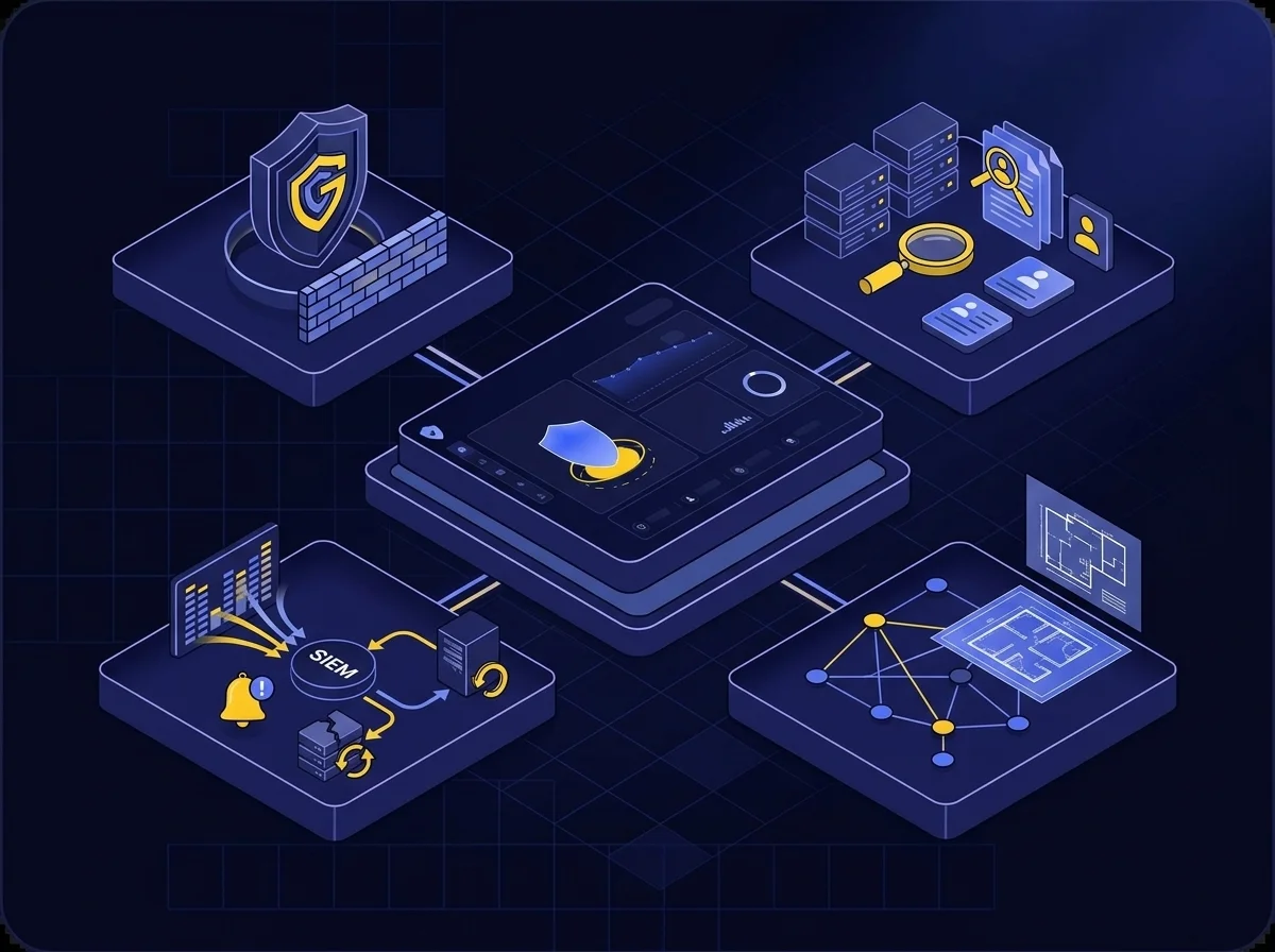 Kiteworks and NIST CSF 2.0 icon Isometric UI illustration with deep navy background and blue surfaces, featuring subtle glowing accents and object separation representing cybersecurity risk management.