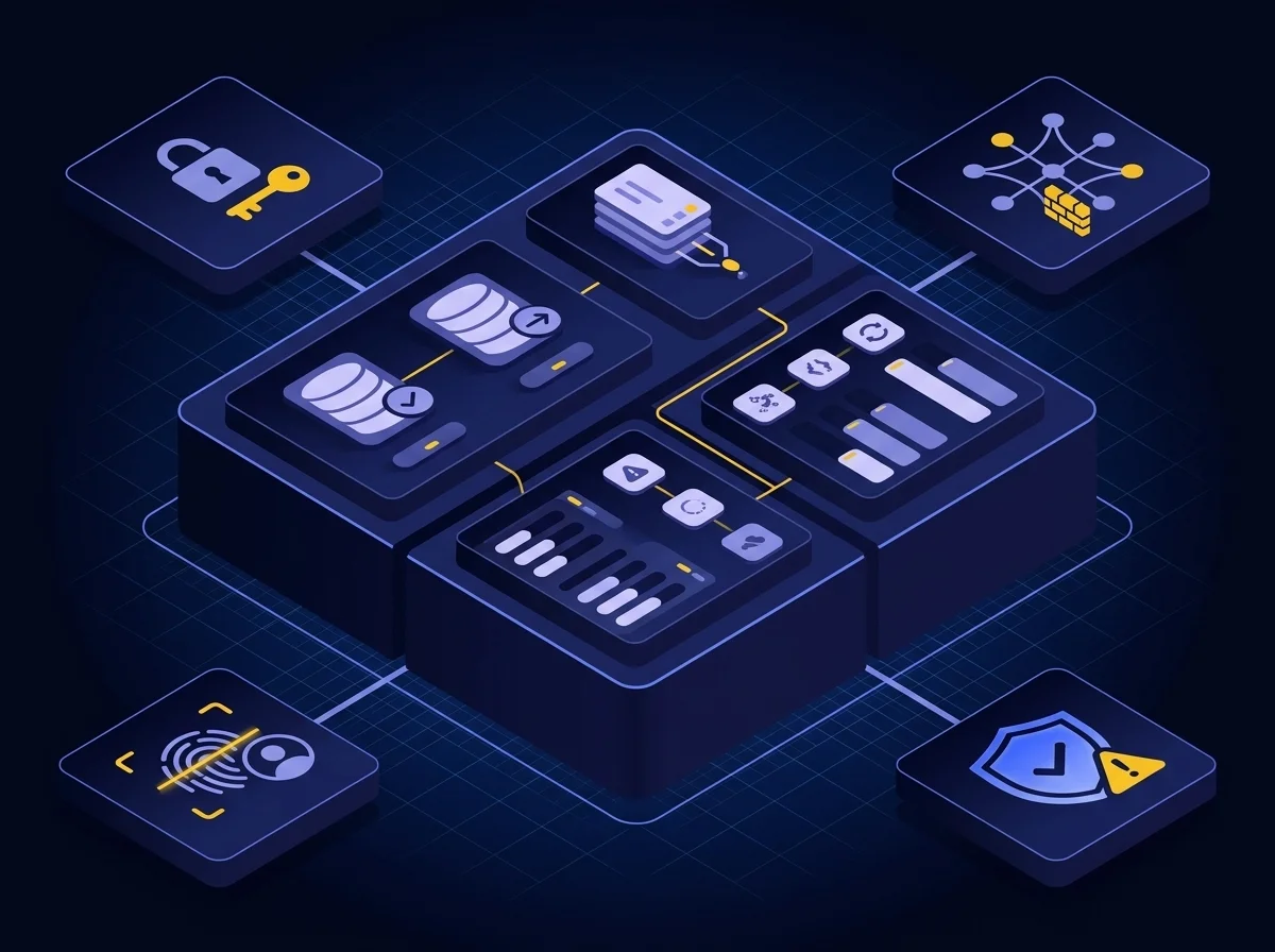Security icon Isometric UI illustration depicting cybersecurity and data protection with deep navy and blue-violet tones, soft lavender details, and yellow accents.