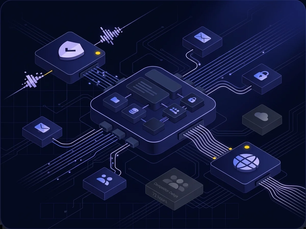 Real-Time Logging With Embedded Security Controls An isometric UI illustration with a deep navy background, dark blue surfaces, blue-violet highlights, soft lavender details, and small yellow accents, representing real-time logging and embedded security controls without any text.