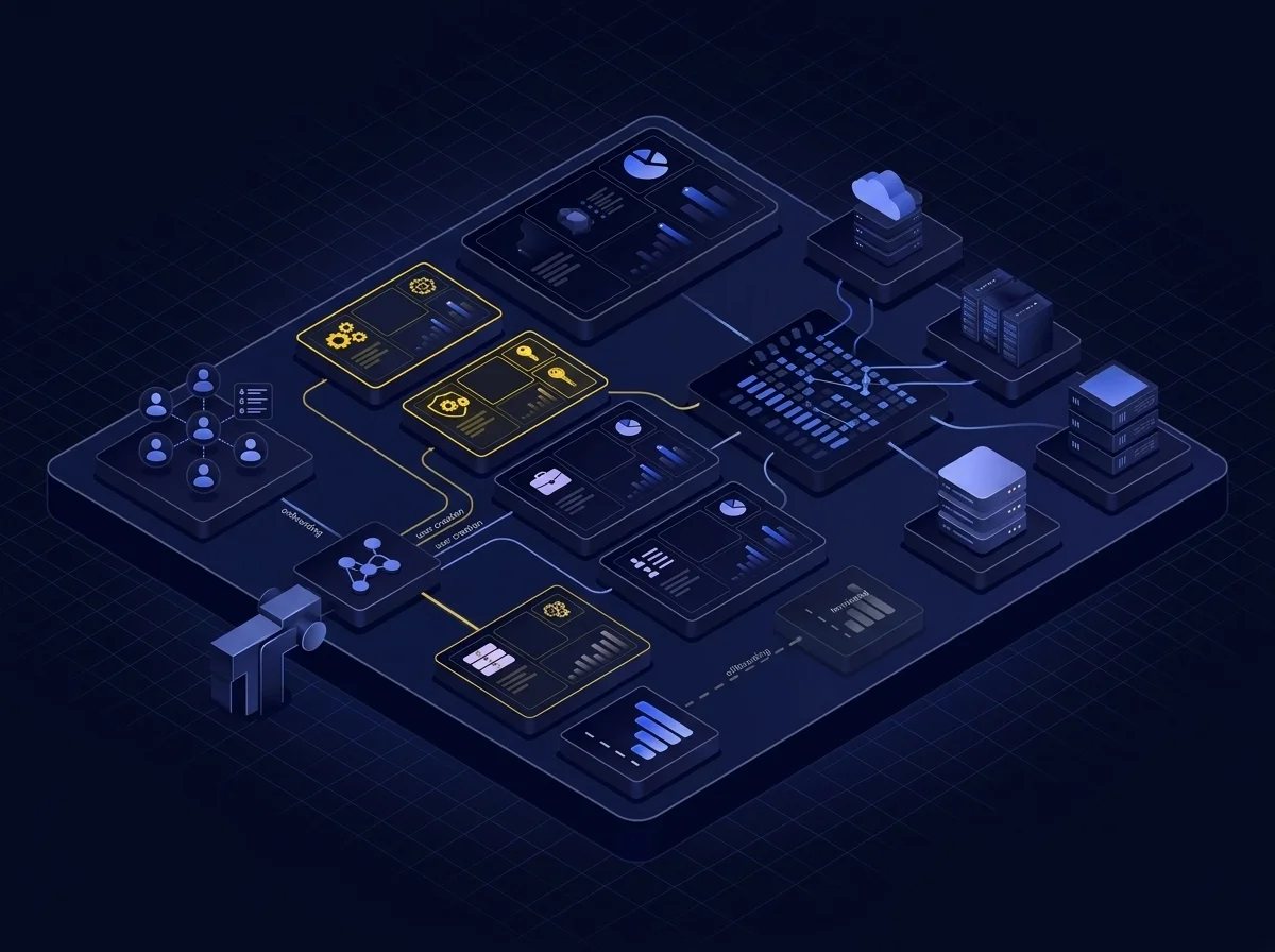 Role-Based Controls With Automated User Life-Cycle Management Isometric UI illustration depicting role-based access controls and automated user lifecycle management on a deep navy background with blue and yellow accents.