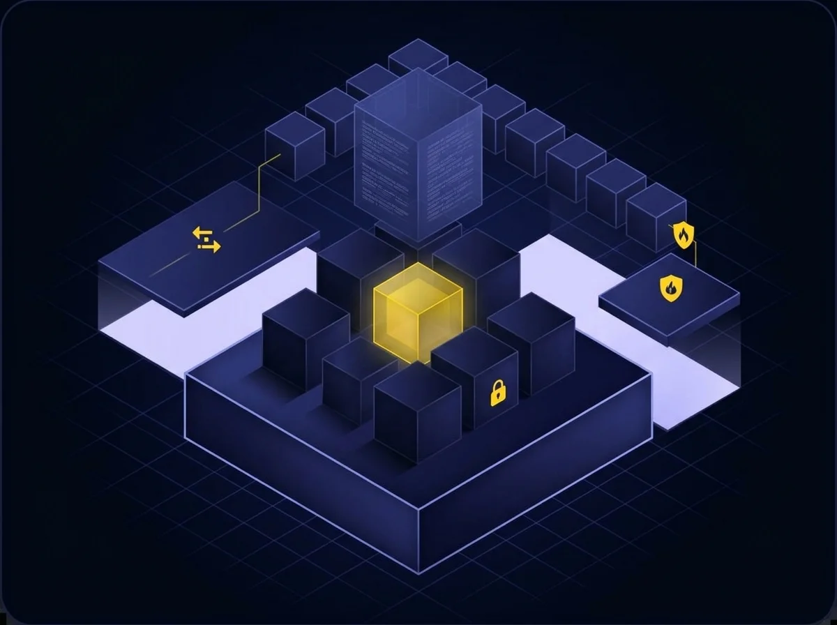 Isometric illustration of a secure digital communication system with navy blue background, dark blue surfaces, blue-violet highlights, lavender details, and yellow accents representing data protection and network security.