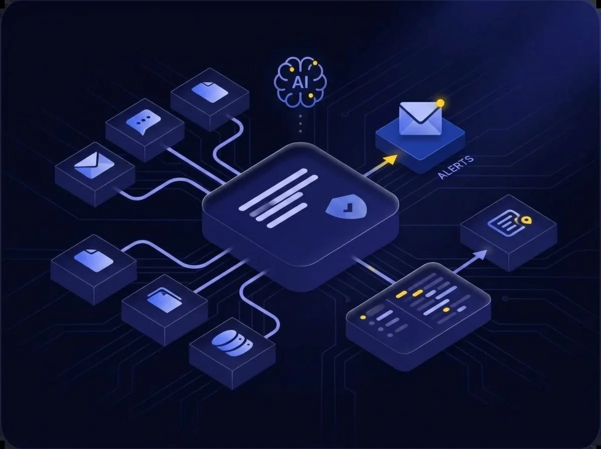 Isometric illustration of a security operations dashboard with unified audit logs, data anomaly alerts, and forensic tools against a deep navy background with blue and yellow accents.