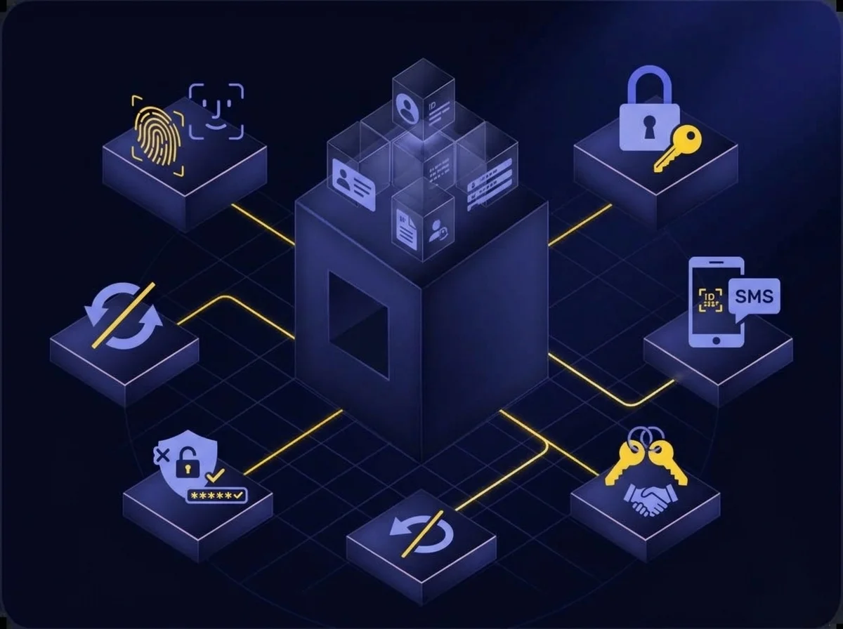 Isometric 3D illustration in deep navy and blue with yellow accents depicting secure user identification, multi-factor authentication, and data access restriction.