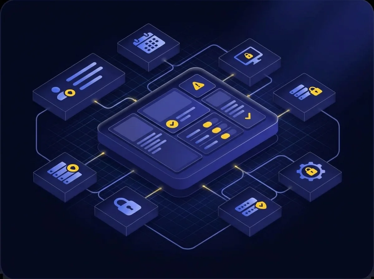 Managing Complex Access Privileges Across Multiple User Categories Isometric UI illustration with a deep navy background and blue surfaces, featuring subtle blue-violet highlights, soft lavender details, and small yellow accents to depict complex access privilege management.