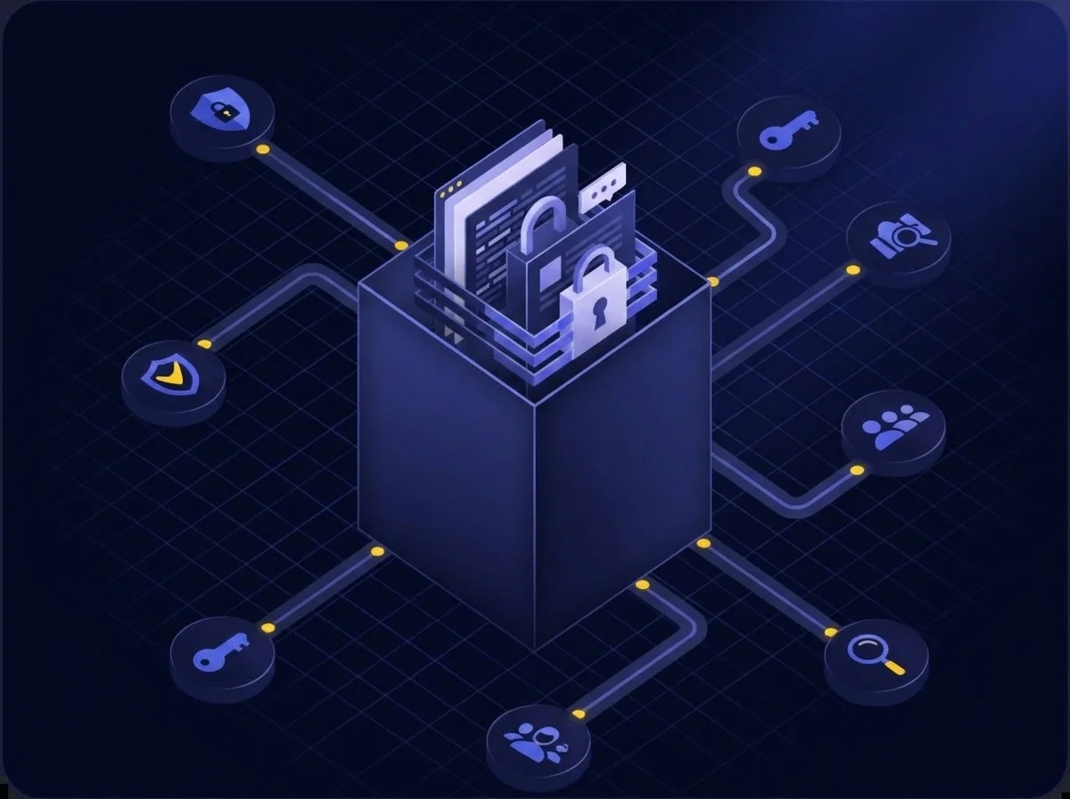 Isometric illustration representing digital access controls and security compliance with deep navy background and blue and yellow accents.