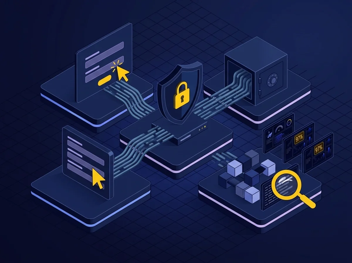 Isometric illustration of secure web forms for ITAR data compliance, featuring a deep navy background, dark blue surfaces, blue-violet highlights, and yellow accents.