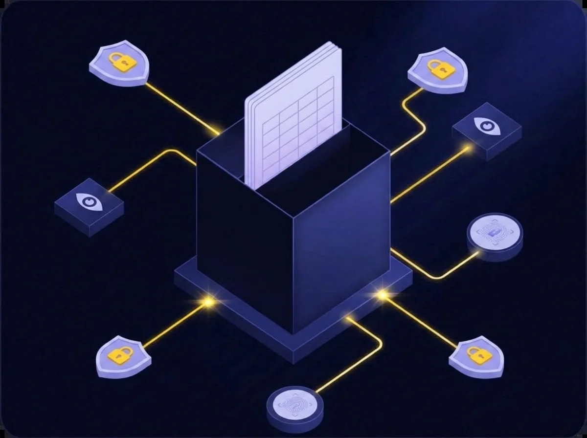 Isometric illustration of secure data classification and protection for ITAR and CUI against a deep navy background with blue and yellow accents.