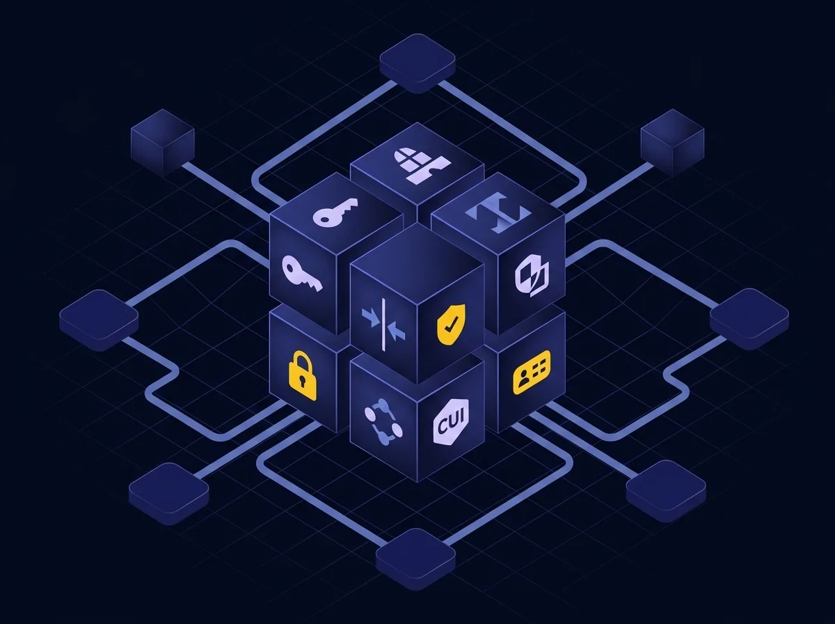 Isometric illustration of systems and communications protection featuring dark navy background, blue surfaces, lavender details, and yellow accents representing secure data transmission and boundary control.