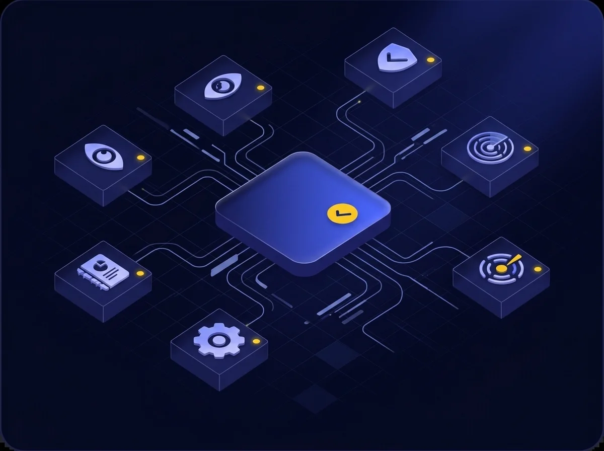 Establishing Zero-Trust Architecture With Comprehensive Security Functions An isometric UI illustration with a deep navy background, dark blue surfaces, and blue-violet highlights representing zero-trust architecture and financial cybersecurity functions.